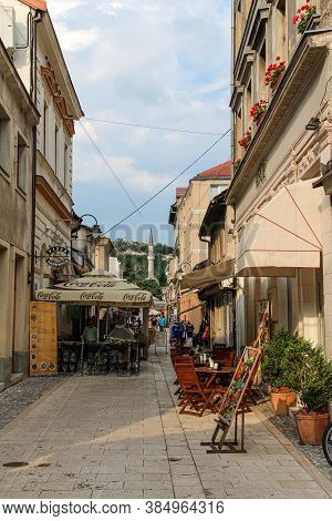 Sarajevo, Bosnia And Herzegovina - July 3rd 2018: Cafes On Ćurčiluk Mali Street In The Bascarsija Ne