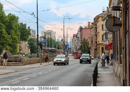 Sarajevo, Bosnia And Herzegovina - July 3rd 2018: A View Down Obala Kulina Bana In The Evening, Cent