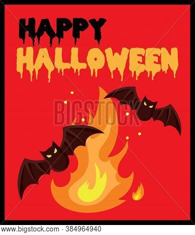 Halloween With Bat And Fire On Red Background