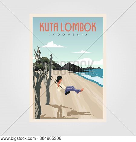Kuta Beach Lombok Vintage Poster Design, Indonesian Travel Poster Design