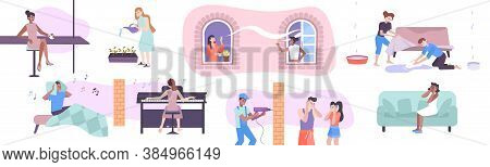 House Neighbors Concept Set With Repair And Music Symbols Flat Isolated Vector Illustration