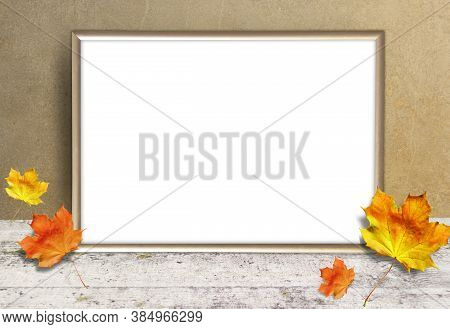 Gold Photo Frame On White Background With Autumn Leaves, Mock Up