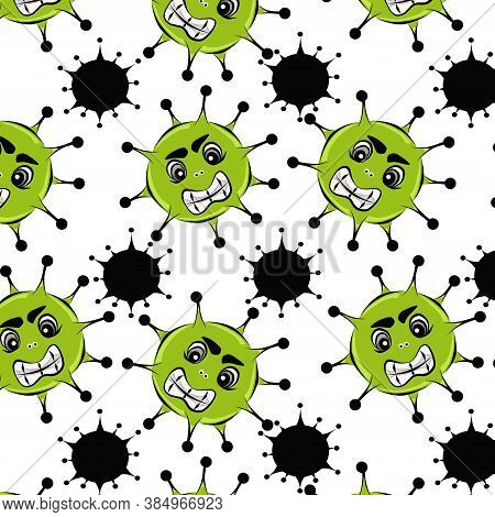 Color Seamless Pattern Of Light Green And Black Viruses On A White Background.