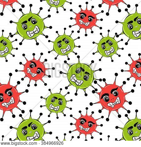 Color Seamless Pattern Of Light Green And Red Viruses On A White Background.