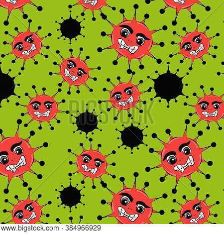 Color Seamless Pattern Of Black And Red Flowers On A Light Green Background.