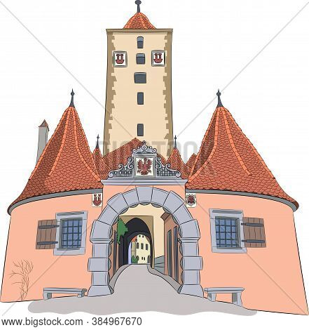 Vector Illustration Of Urban Medieval Gate Burtorg With A Tower. Rothenburg Ob Der Tauber. Germany. 
