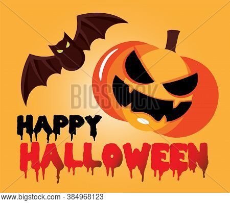 Halloween Banner Or Card With Bat And Pumpkin On Orange Background