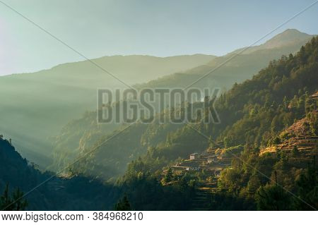 Ascending From Kinja Village. Trekking In Nepal Himalayas. Ebc (everest Base Camp Trek) Trail Betwee