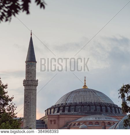 Hagia Sophia In Istanbul, Cathedral And Mosque, Museum. Cathedral With A Dome And Minarets, View Fro