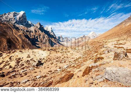 Valley Leading To The Everest Base Camp With Tawoche / Taboche Peak. Trekking In Nepal Himalayas. Eb