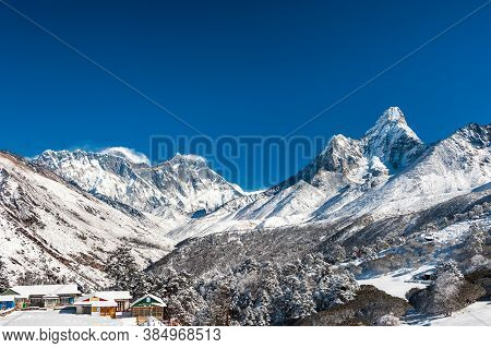 Ama Dablam And Mt. Everest Peaks Covered With Snow In Tengboche Pass. Trekking In Nepal Himalayas. E
