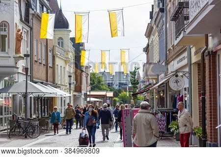 Kevelaer, Germany - Sept 5, 2020: Shopping Street With Tourist Wearing Mount Mask In Kevelaer