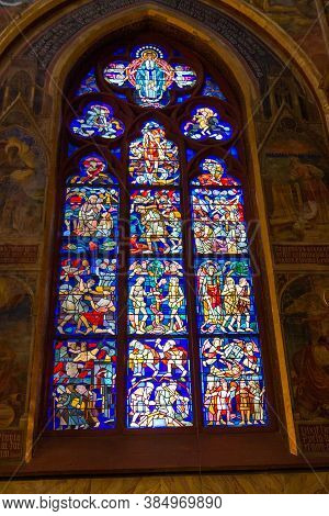 Kevelaer, Germany - Sept 5, 2020: Beautiful Colorful Stained Glass Window In The Basilica Of Kevelae