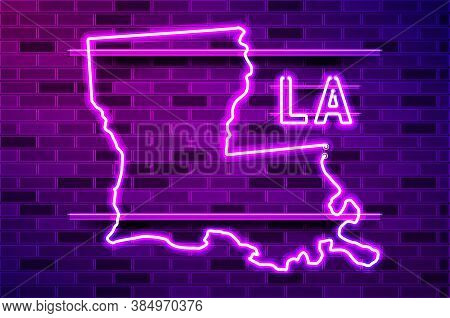 Louisiana Us State Glowing Neon Lamp Sign. Realistic Vector Illustration. Purple Brick Wall, Violet 