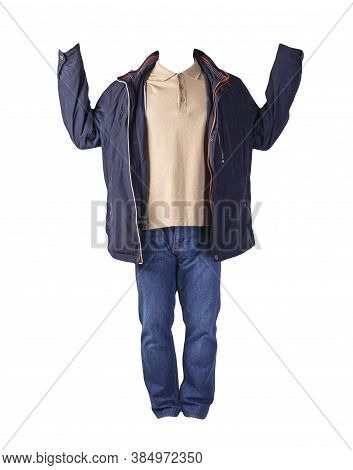 Dark Blue Jacket, Beige Shirt And Blue Jeans Isolated On White Background. Casual Fashion Clothes