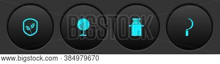 Set Shield With Leaf, Tree, Can Container For Milk And Sickle Icon. Vector