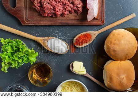 Meat Burger Ingredients Table Spices Bun Food Preparation