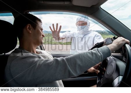 Ban Movement Of Cars On Border Of Cities Due To Pandemic Coronavirus Covid 19 Or Bubonic Plague, Man