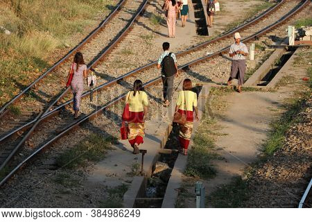 Yangon, Myanmar, Feb 20, 2019 : People Walk A Lot On The Railway Tracks That Connects Together At Ya