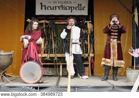 Leipzig, Germany - Circa March 2016: Medieval Musician Dreesed In Period Clothes