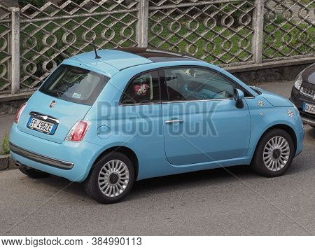 Milan, Italy - Circa August 2015: Light Blue New Fiat 500 (2010s Version) Parked On A Street