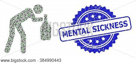 Mental Sickness Rubber Seal Print And Vector Recursive Mosaic Drunky Man. Blue Seal Has Mental Sickn