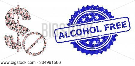 Alcohol Free Rubber Seal And Vector Fractal Collage Forbidden Dollar. Blue Stamp Seal Contains Alcoh