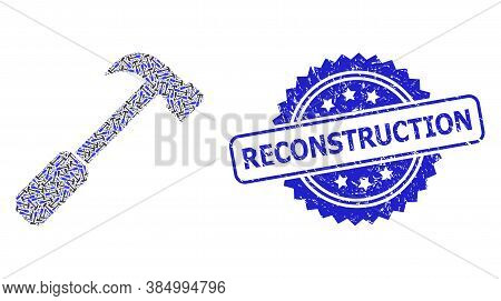 Reconstruction Rubber Seal And Vector Recursive Collage Hammer. Blue Stamp Seal Includes Reconstruct
