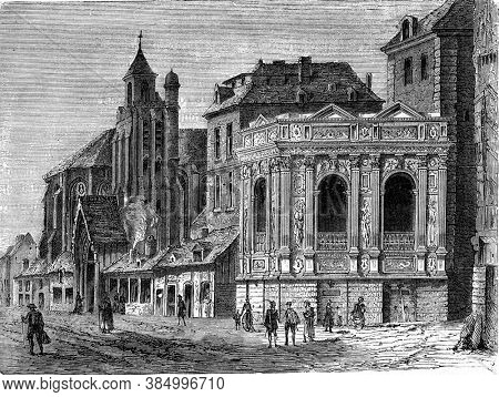 Fountain and Church of the Innocents, Vintage engraving. From Popular France, 1869.