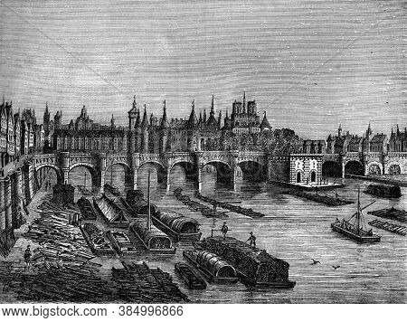 The Pont Neuf under Henri III, Vintage engraving. From Popular France, 1869.