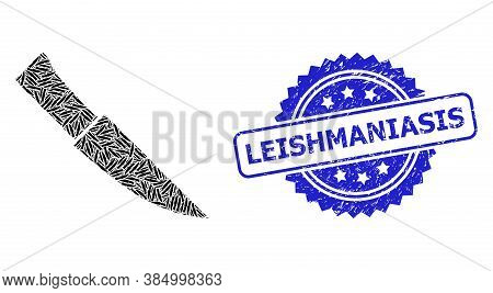 Leishmaniasis Dirty Stamp Seal And Vector Recursive Composition Knife. Blue Stamp Seal Includes Leis