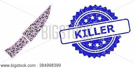 Killer Textured Seal Print And Vector Recursive Collage Knife. Blue Seal Contains Killer Title Insid