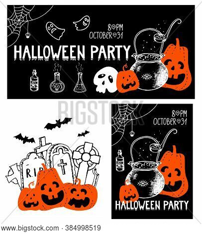 Halloween Set Vertical Poster Horizontal Banner Illustration. Hand Drawn Doodle Pumpkin Witchs Cauld