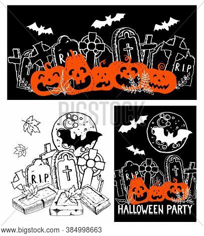 Halloween Set - Vertical Poster Horizontal Banner Illustration. Hand Drawn Doodle Pumpkin Fool Moon 