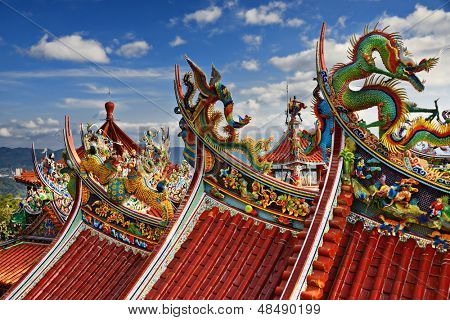 รายละเอียดวัดจีน Ornate ในท้องฟ้า