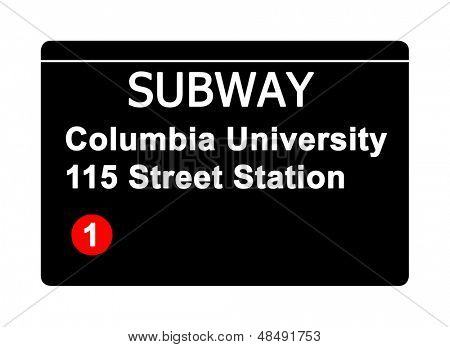 Columbia University 115 Street Station metro tegn isoleret på hvid, New York city, USA.
