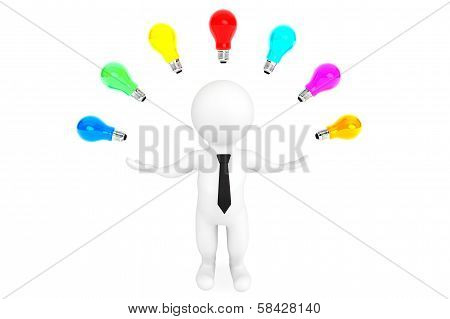 Multicoloured Idea Bulbs Around 3D Person