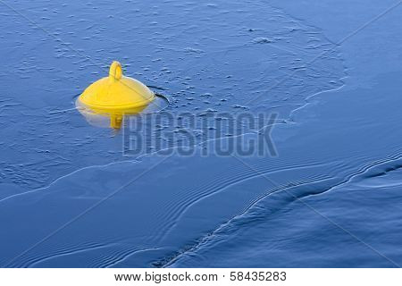Yellow buoy in ice sheet.
