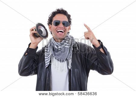 Man In A Leather Jacket With Speaker