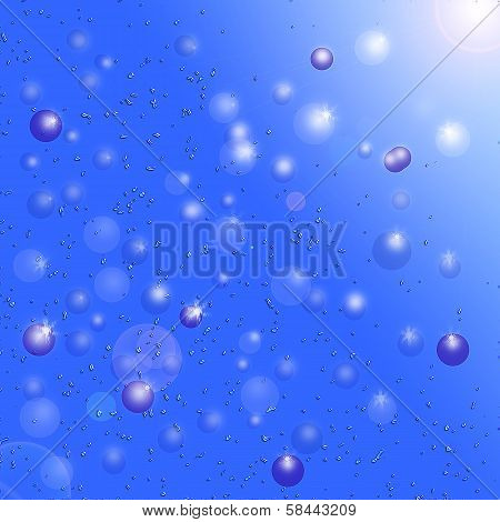 Blue Background. The Drops Of Water And Natural Bokeh