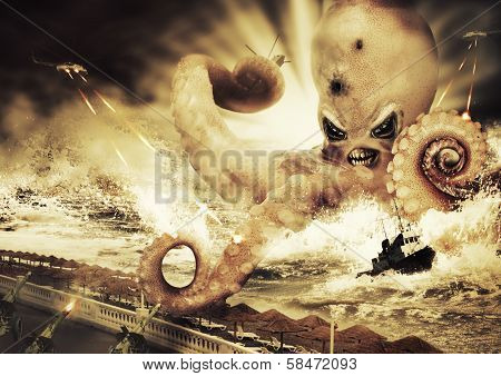 War With A Large Sea Monster - Octopus Alien