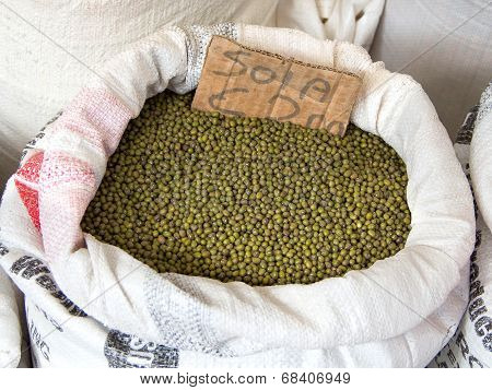Green mung beans in canvas sack