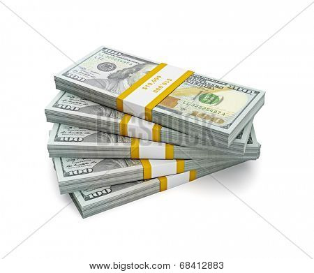 Creative business finance making money concept - stack of new 100 US dollars 2013 edition banknotes (bills) bundles isolated on white background money stack on white