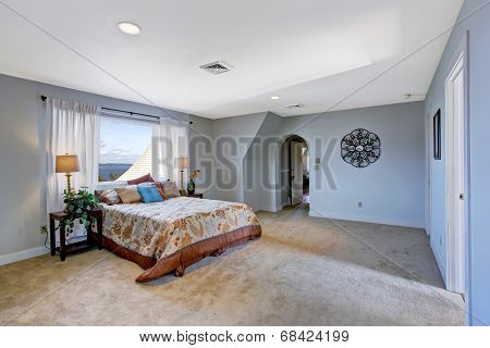 Spacious Bedroom Interior In Light Blue Color