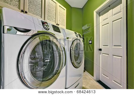 Bright Green Laundry Room Interior