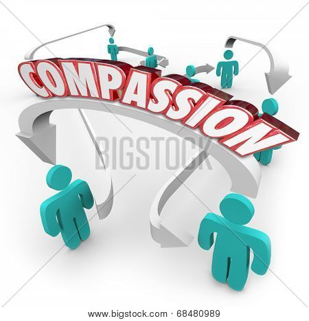 Compassion word on arrows connecting people to show sympathy, empathy and helpful 