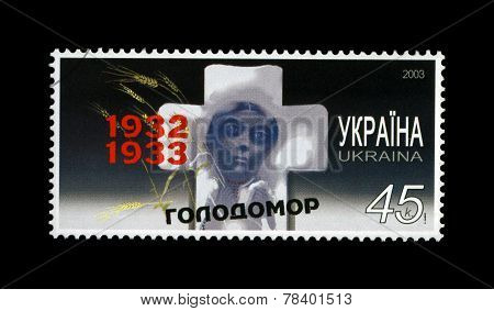 UKRAINE - CIRCA 2003: canceled stamp printed in Ukraine shows famine of 1932-33 in Ukraine, circa 2003. vintage post stamp isolated on black background.
** Note: Soft Focus at 100%, best at smaller sizes