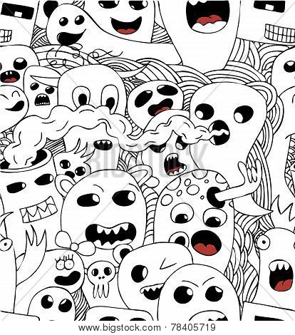 Monsters seamless vector pattern in black and white