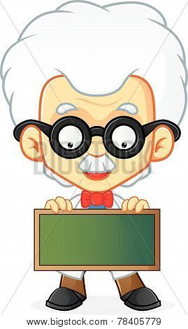 Professor holding blackboard