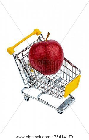 an apple is in a shopping cart. photo icon for the purchase of healthy, vitamin-rich foods.
